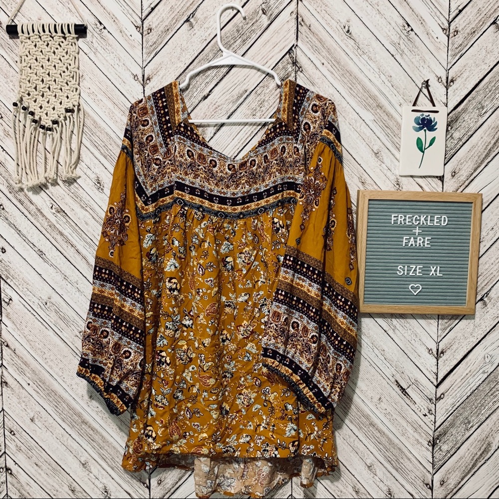 Boho floral patterned blouse in mustard